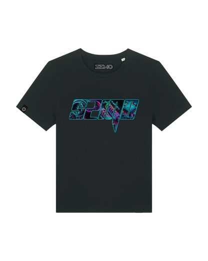 SZMO Neon Logo Damen T-Shirt Schwarz leuchtender Print Cargirl Vorderansicht Detail