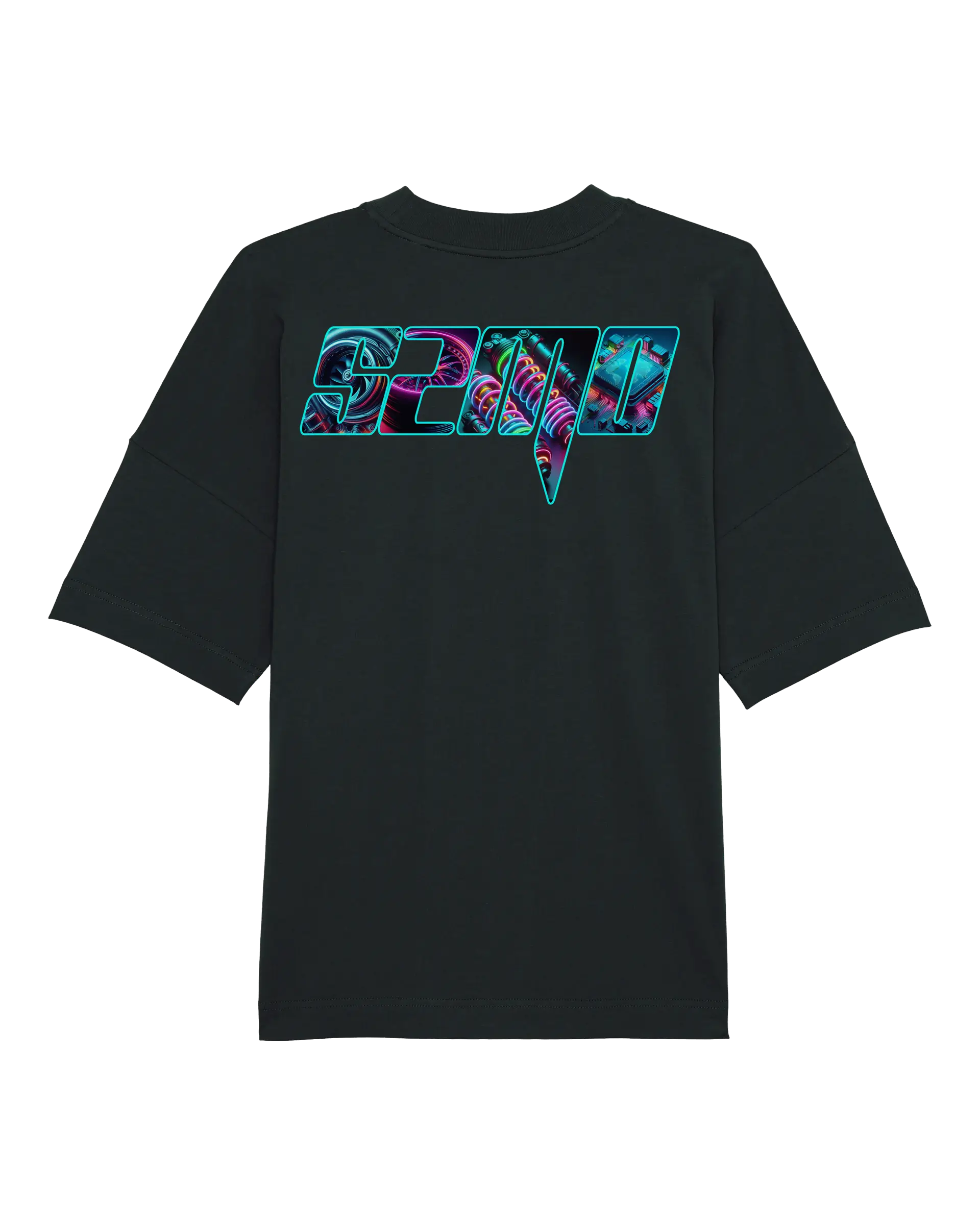 SZMO Neon Logo T-Shirt Schwarz leuchtender Print Oversize Rückansicht Detail