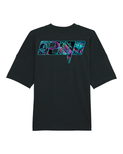 SZMO Neon Logo T-Shirt Schwarz leuchtender Print Oversize Rückansicht Detail