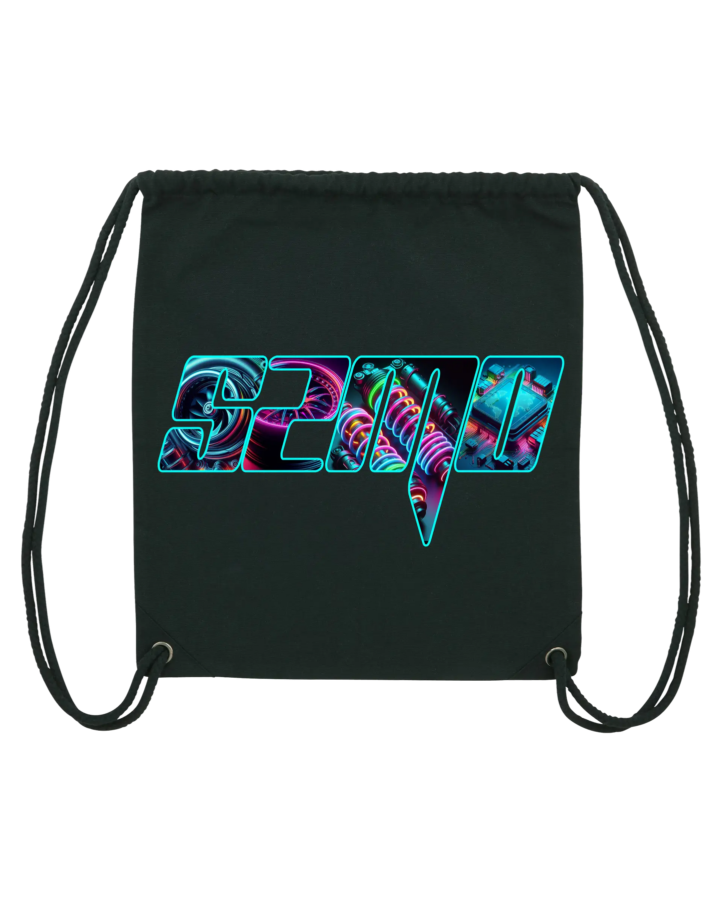 SZMO Turnbeutel Rückentüte Neon Logo Schwarz Gymbag Vorderansicht-Detail