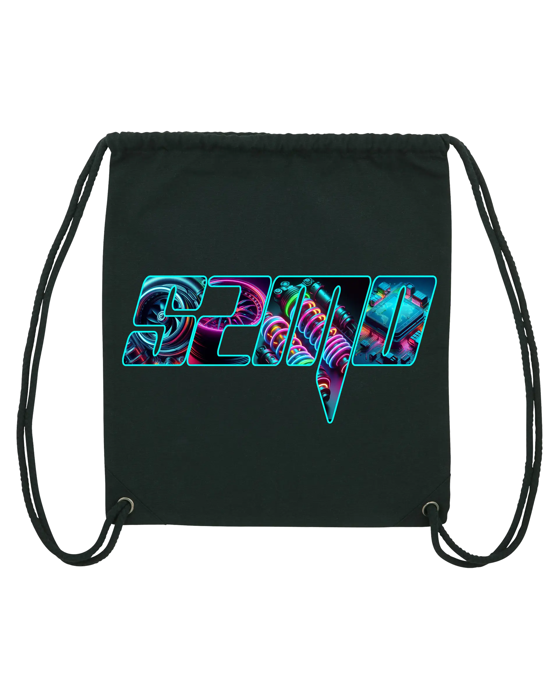 SZMO Turnbeutel Rückentüte Neon Logo Schwarz Gymbag Vorderansicht-Detail