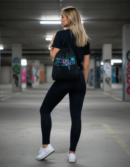 SZMO Turnbeutel Rückentüte Neon Logo Schwarz Gymbag Vorderansicht