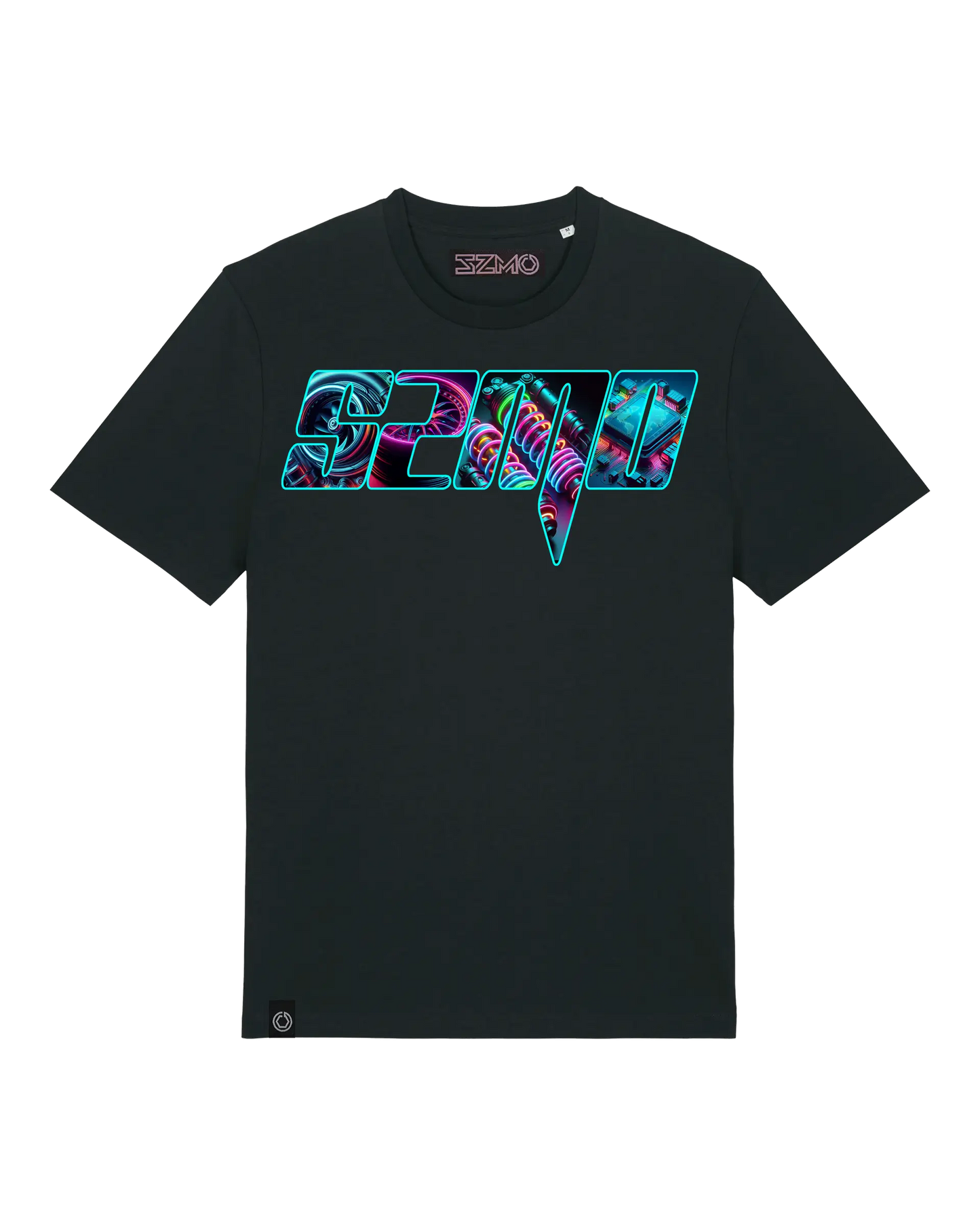 SZMO Neon Logo T-Shirt Schwarz leuchtender Print Vorderansicht Detail