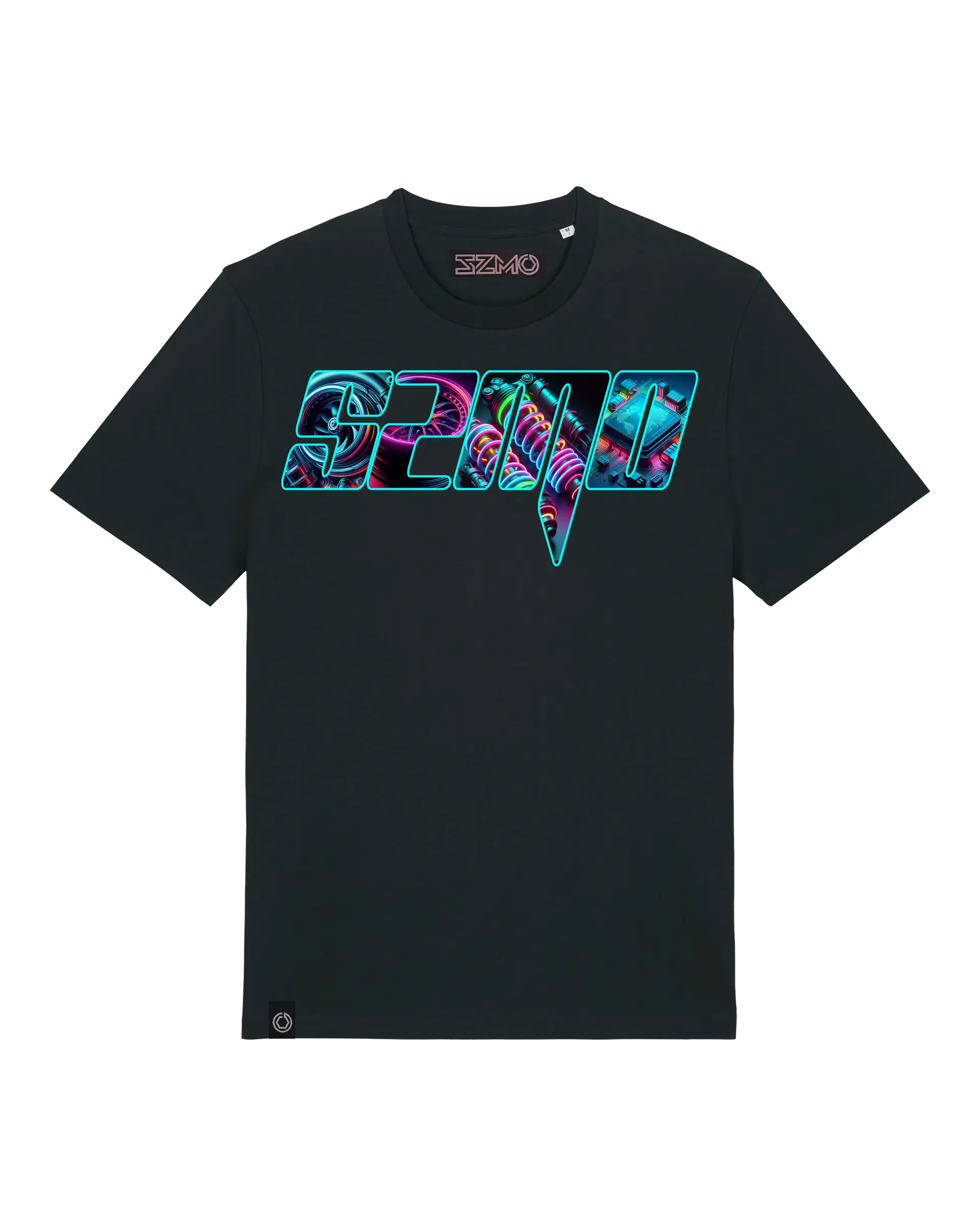 SZMO Neon Logo T-Shirt Schwarz leuchtender Print Vorderansicht Detail