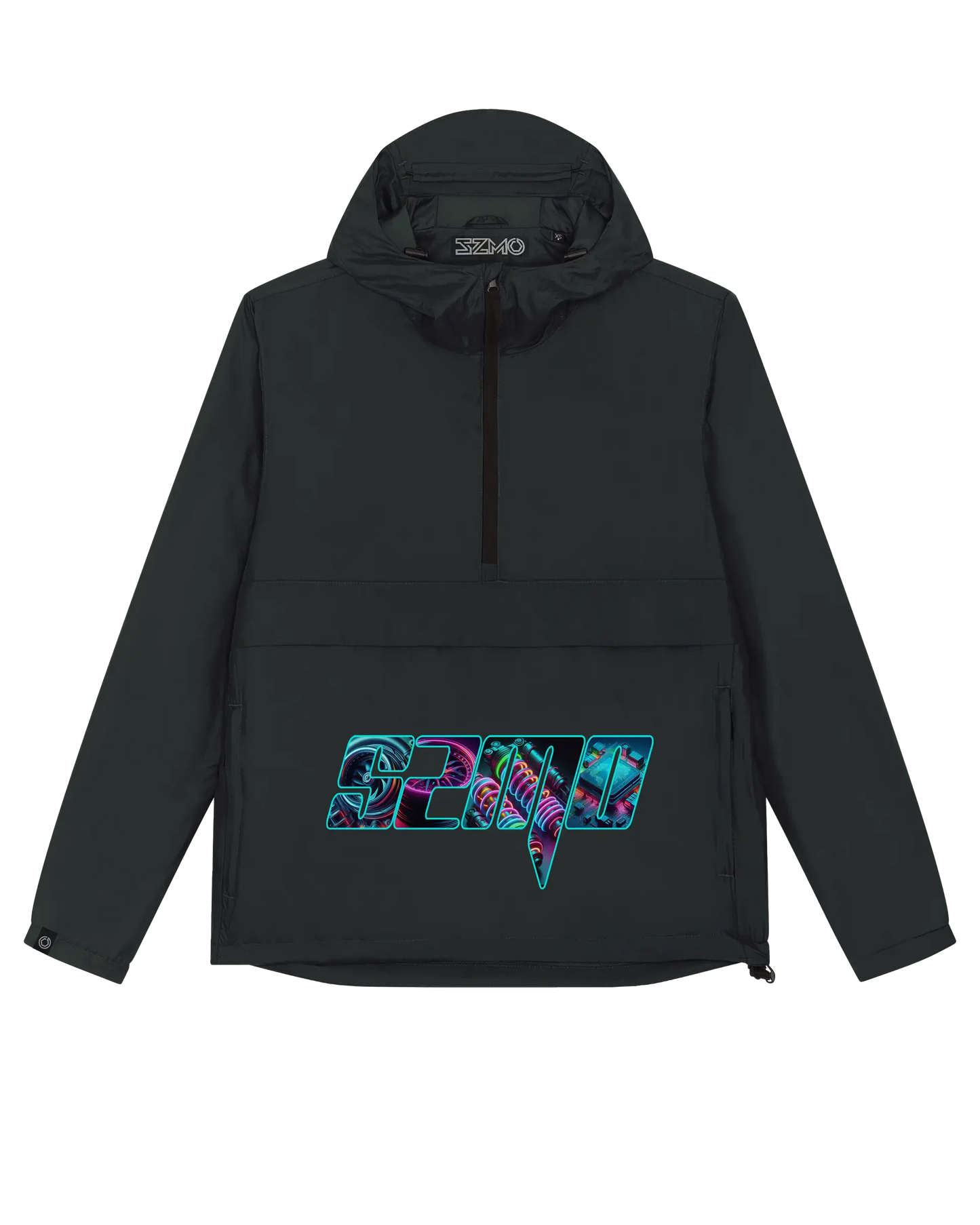SZMO Windbreaker Neon Logo Schwarz Regenjacke Automotive Fashion Vorderansicht Detail