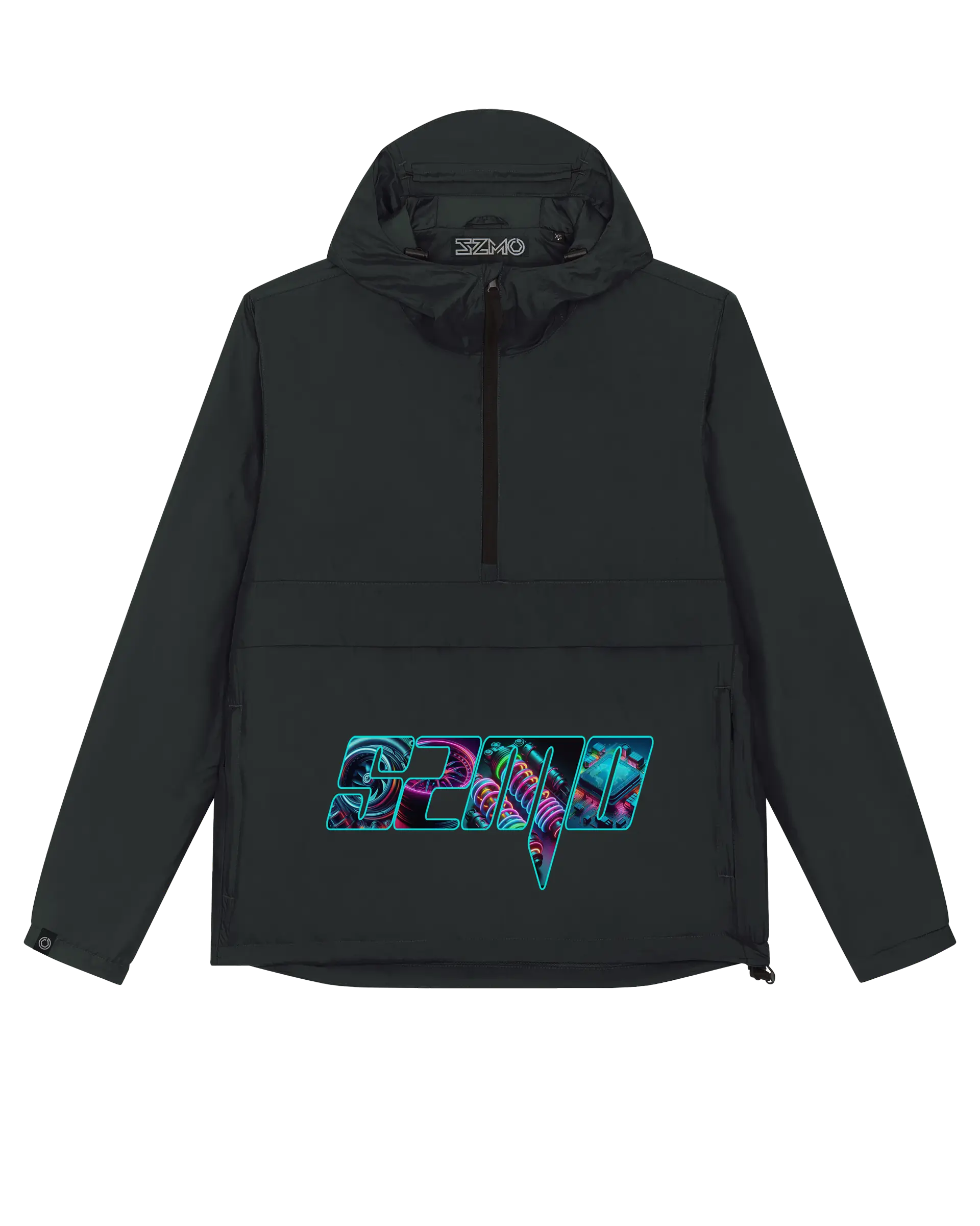 SZMO Windbreaker Neon Logo Schwarz Regenjacke Automotive Fashion Vorderansicht Detail