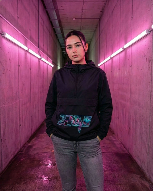 SZMO Windbreaker Neon Logo Schwarz Regenjacke Automotive Fashion Vorderansicht